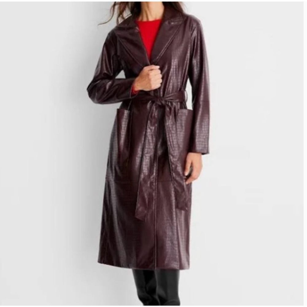 Faux Croc Leather Trench Coat Sz Large Burgundy Cherry NWT A New Day